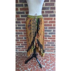 Young Threads Floral Viscose Boho Hi Low Midi Skirt w/ Ruffle Hem-Sz Large